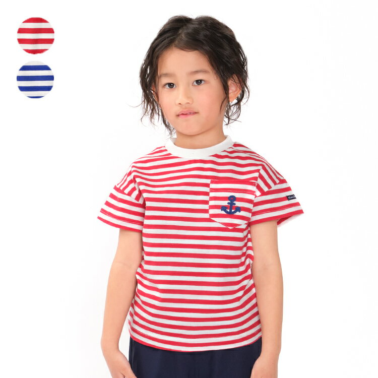 【4/10(水)23:59まで限定】【P5倍&10％OFFクーポン】子供服 moujonjon (ムージョンジョン) ボーダー半袖Tシャツ 80cm～140cm M32802のサムネイル