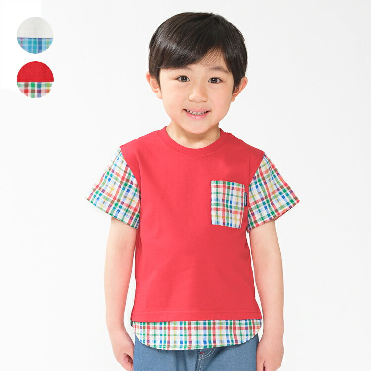 Rakuten - 子供服 moujonjon (ムージョンジョン) チェック柄切替Tシャツ 80cm 90cm 100cm 110cm 120cm 130cm 140cm M36801