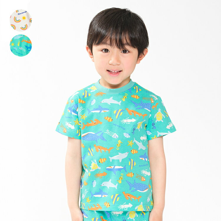 乐天商城 - 子供服 moujonjon (ムージョンジョン) 虹・海の生き物総柄半袖Tシャツ 80cm 90cm 100cm 110cm 120cm M36811