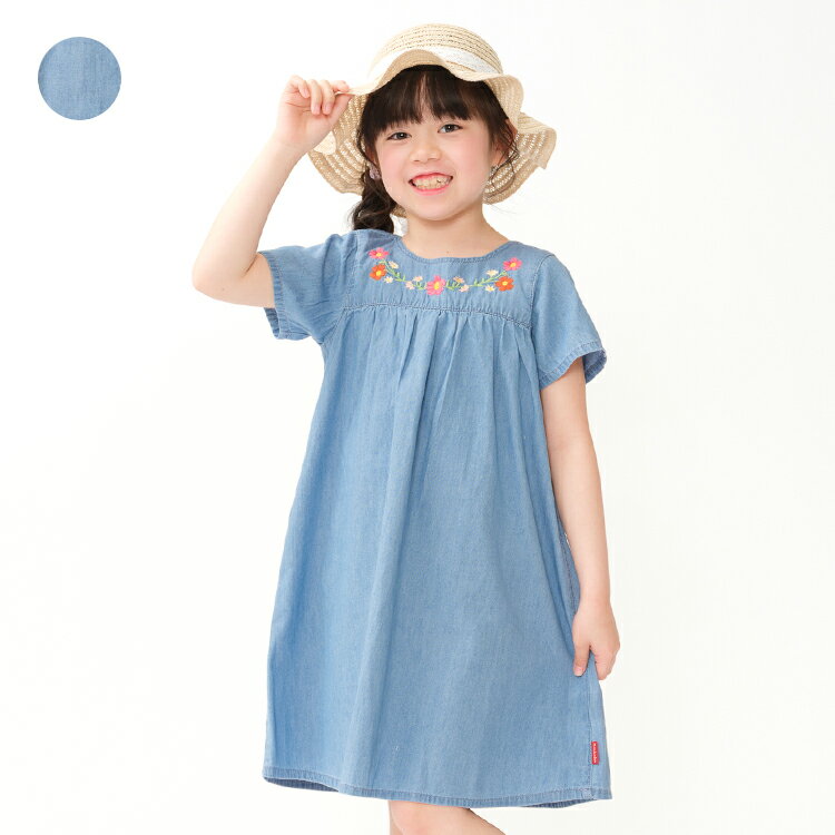 Rakuten - 子供服 moujonjon (ムージョンジョン) お花刺繍デニム半袖ワンピース 90cm 100cm 110cm 120cm 130cm 140cm M46306