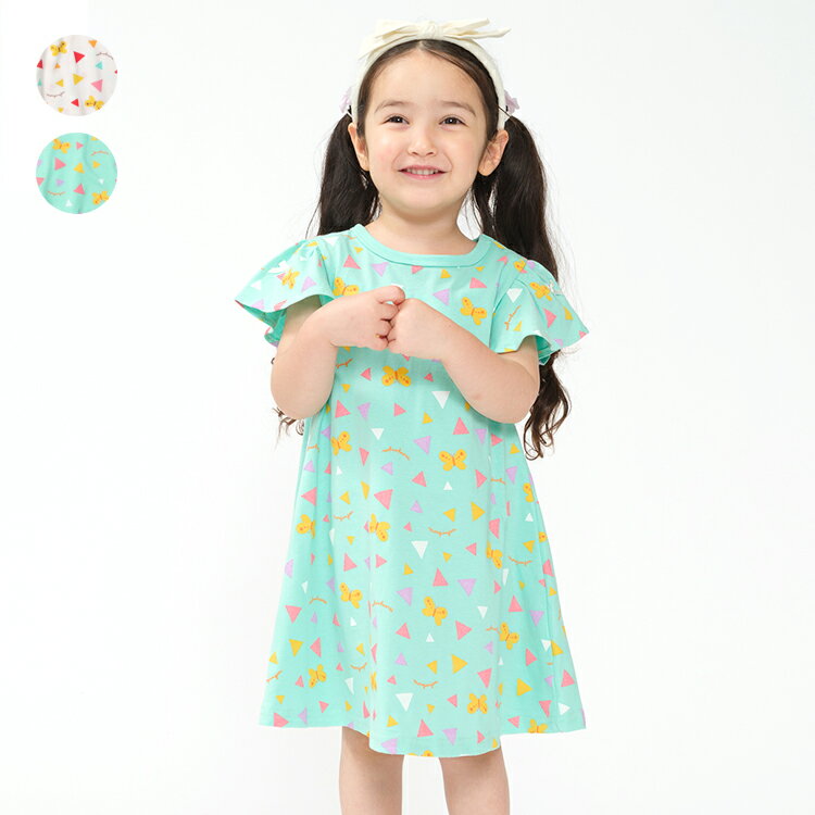 樂天商城 - 子供服 moujonjon (ムージョンジョン) ちょうちょ総柄肩リボンワンピース 80cm 90cm 100cm 110cm 120cm 130cm M46350