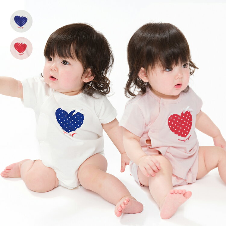 乐天商城 - 子供服 moujonjon (ムージョンジョン) リボン付きハートプリントロンパース・Tオール 70cm，80cm M46700
