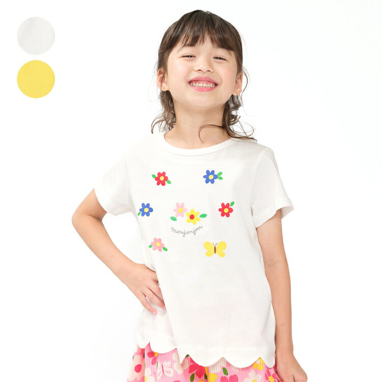 Rakuten - 子供服 moujonjon (ムージョンジョン) お花プリント刺繍裾スカラップTシャツ 80cm 90cm 100cm 110cm 120cm 130cm M46850