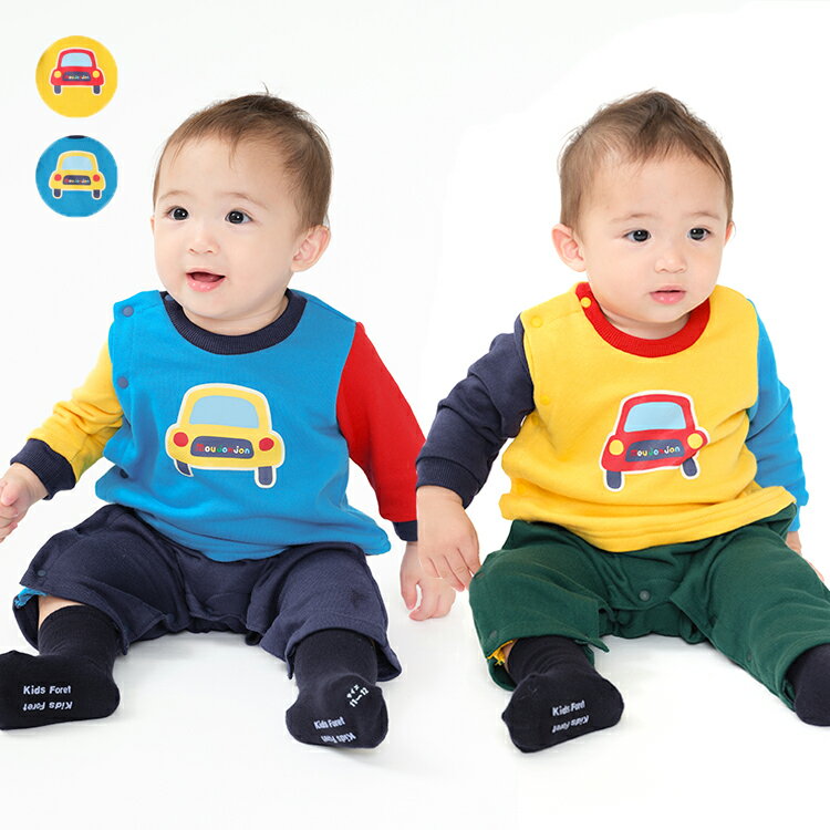 【店内全品15%OFFクーポン配布中!11/27 01:59まで!】子供服 moujonjon (ムージョンジョン) 車プリント裏毛ロンパース・トレーナーオール...
