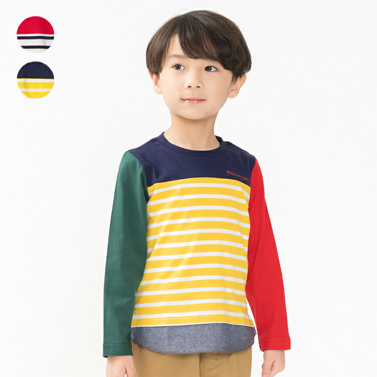 [25 가을 겨울 세일 65 % OFF] 아동복 moujonjon (무전 종) 테두리 전환 긴 소매 T 셔츠 롱 T 80cm 90cm 100cm 110cm 120cm 130cm 140cm M54806