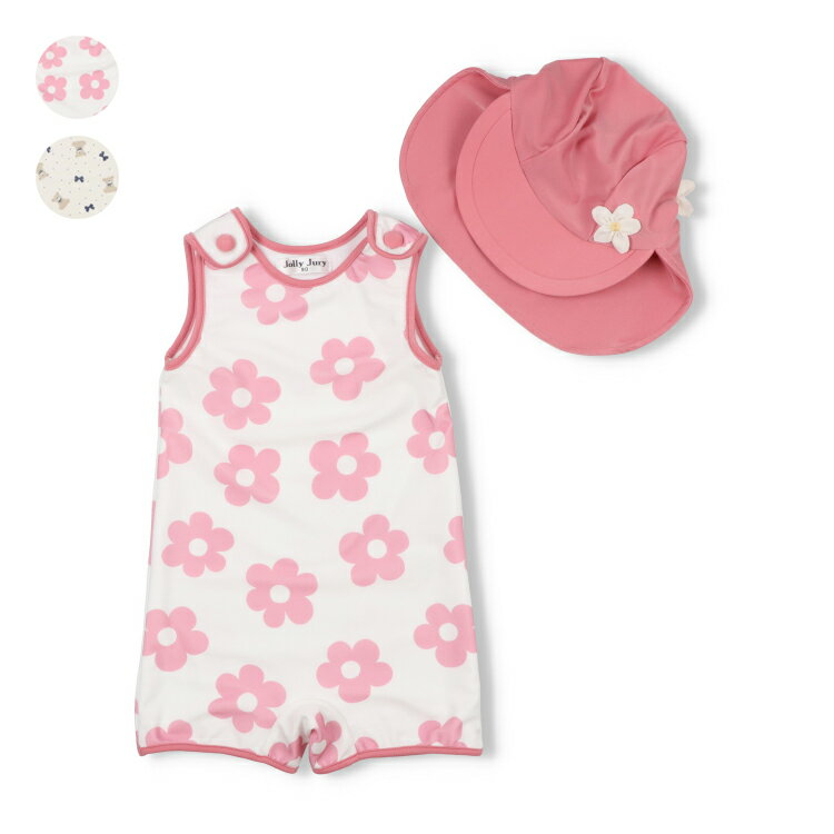 Rakuten - 子供服 JollyJury (ジョリージュリー) 【WEB限定】お花・くま総柄ベビーグレコ水着・帽子セット 70cm 80cm 90cm 100cm N46775