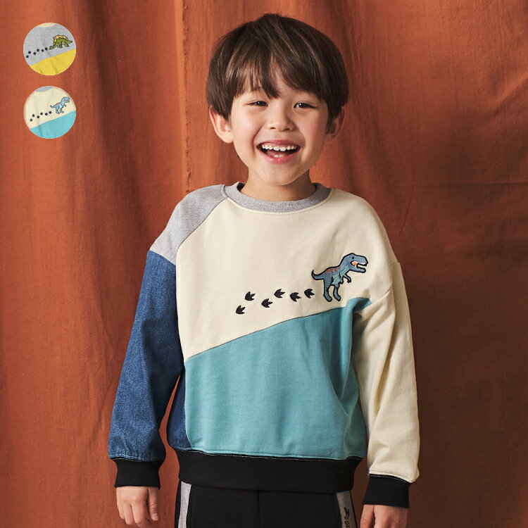 【全品10％OFFクーポン配布中！1/16 01：59まで】【25秋冬セール20％OFF】子供服 crescent (クレセント) 恐竜刺繍切替裏毛トレーナー・スウェット 80cm 90cm 100cm 110cm 120cm 130cm N54681