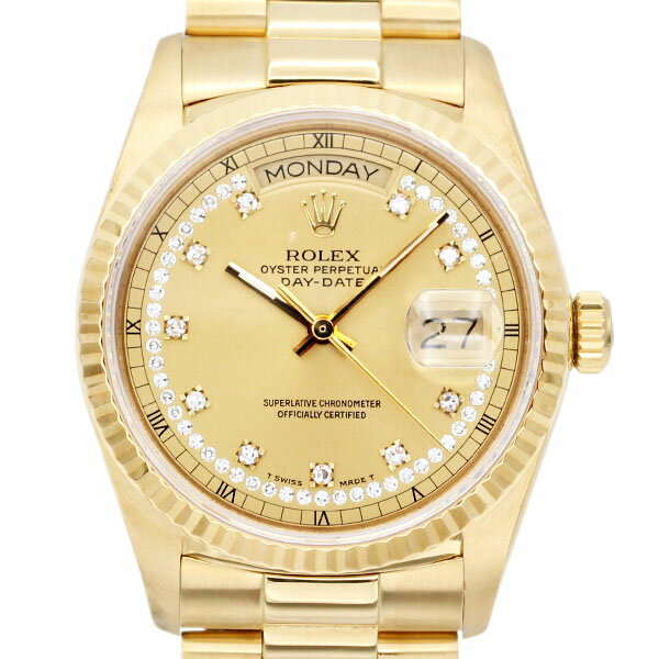 ロレックス ROLEX デイデイト 18038 K18YG 自動巻き 36mm 135.6g メンズ腕時計 中古 サークルダイヤ文字盤 DAYDATE 9番台 1985年頃製 ヴィンテージ 金無垢 18金 ゴールド 750 曜日表示 日付表示 カレンダー 高級時計 男性用 人気