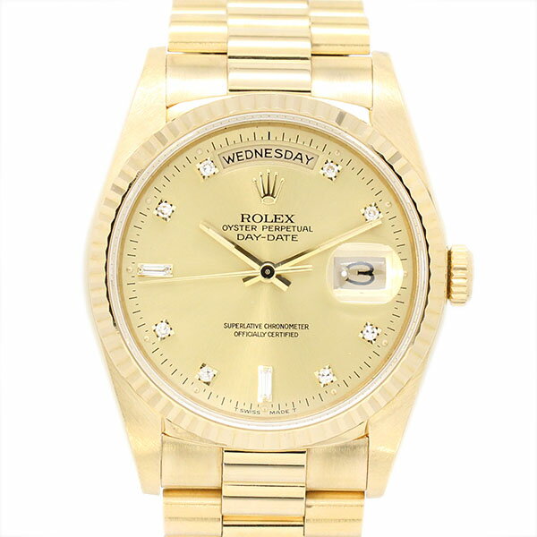 ロレックス ROLEX デイデイト 18238A シャンパン文字盤 E番 8Pラウンド/2Pバゲットダイヤ メンズ腕時計 自動巻き 133.02g 36mm DAY-DATE 金無垢 K18YG イエローゴールド750 高級 男性 紳士 ビジネスマン 20代 30代 40代 50代