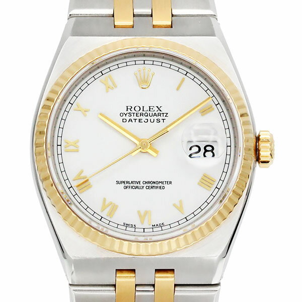 ロレックス ROLEX デイトジャスト 17013 SS YG クォーツ 36mm メンズ腕時計 中古 オイスタークォーツ ホワイト文字盤 ローマインデックス DATEJUST 9番台 1985年頃製 ヴィンテージ コンビ ステンレス ゴールド 高級時計 男性用 人気