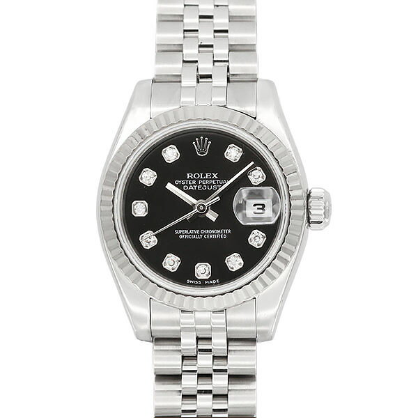 ロレックス ROLEX デイトジャスト 179174G SS WG 自動巻き 26mm レディース腕時計 中古 ブラック文字盤 10Pダイヤ DATEJUST D番 2005年頃製 コンビ ステンレス ホワイトゴールド 高級時計 女性用 人気 定番モデル