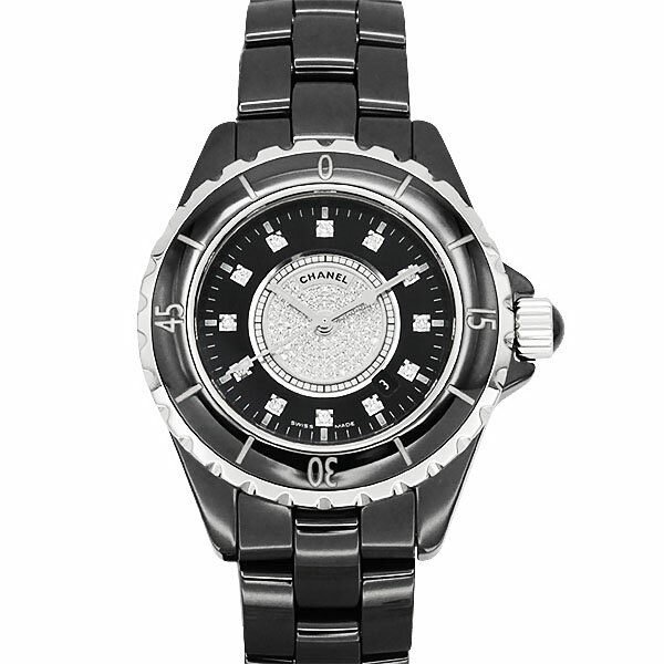 シャネル CHANEL J12 H2122 ブラック文字盤 12Pダイヤモンド パヴェダイヤ ブラックセラミック SS クォーツ レディース 中古 正規品 腕時計 33mm 高級時計 日付表示 カレンダー ブランドウォッチ 人気 女性用 プレゼント