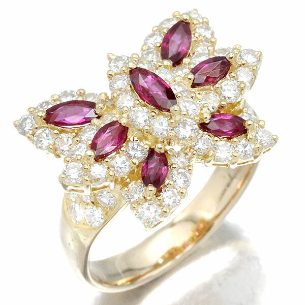 K18YG 蝶モチーフ ルビー ダイヤモンド リング 18号 R1.37ct D2.01ct イエローゴールド750 指輪 ジュエ..