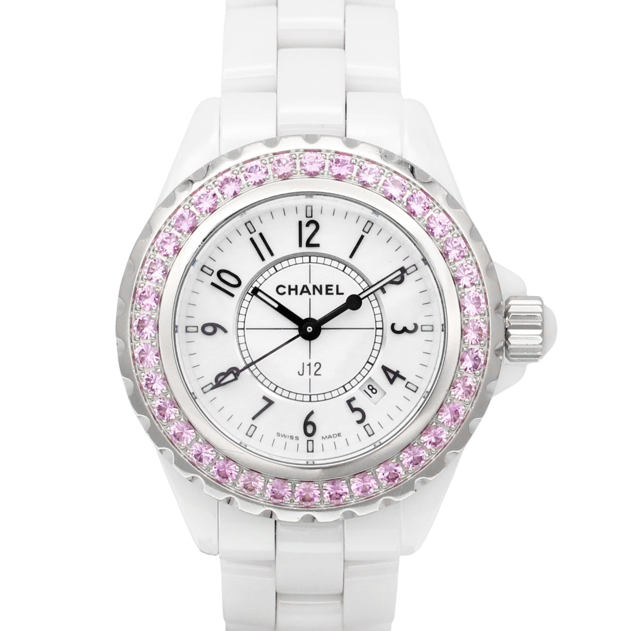 シャネル CHANEL J12 デイト H1181 ホワイト文字盤 ホワイトセラミック/SS ピンク ...