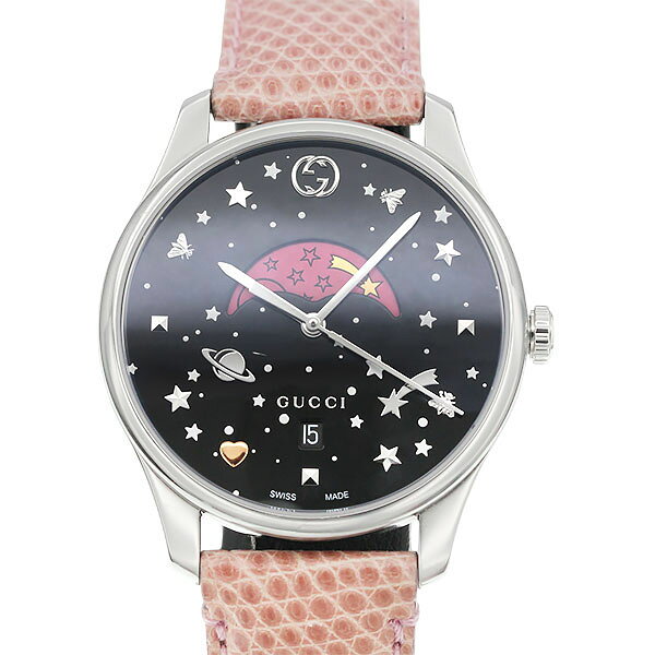 グッチ GUCCI G-タイムレス YA1264046A レディース腕時計 クォーツ 36mm 中古 SS レザー ブラック文字盤 ムーンフェイズ デイト 黒 ピンク 蜂 土星 ブランド 誕生日 プレゼント