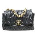 シャネル CHANEL 19 フラップ チェーン ショルダーバッグ ワンハンドルバッグ 2WAY ラムスキン 黒 ブラック ゴールド/シルバー金具 スタッズ 女...