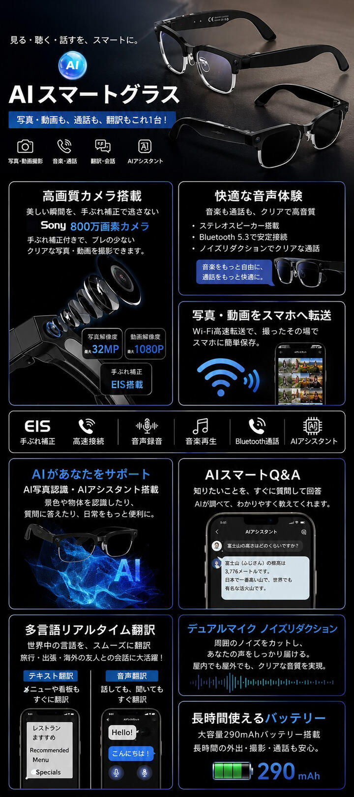マル得広場のスマートグラス 日本語アプリ ワイヤレスメガネ iPhone対応 ハンズフリー通話 翻訳 高精度AI翻訳 リアルタイム音声認識 リアルタイム通訳 音楽再生 ボイスレコーダー ワイヤレスイヤホン AIメガネ AI翻訳 ブルーライトカット サングラス｜アングル3