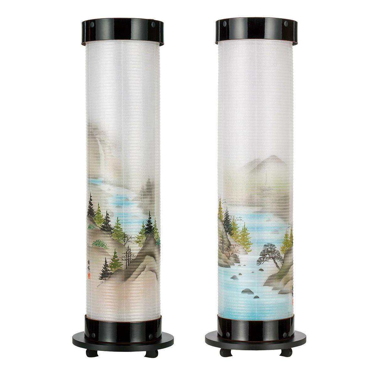盆提灯 初盆 7号 黒溜塗 伸縮提灯 絹二重 清流山水 対柄 (一対入り) ワンタッチ伸縮 樹峰 岐阜提灯 盆ちょうちん 新盆 供養 おしゃれ インテリア提灯 ミニサイズ コンパクト お花 モダン提灯 仏花 常花 造花 飾花