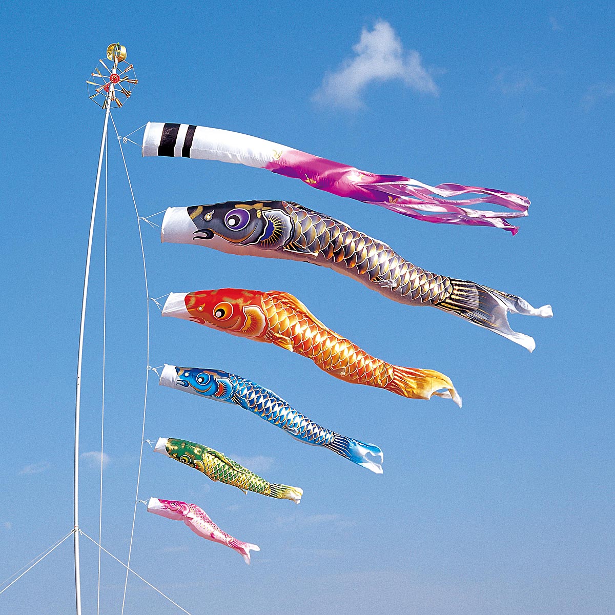 鯉のぼり 庭用 空鯉 4m 8点 庭園用 大型セット/ポール別売り 吹流し+鯉5匹+矢車+ロープセットダイヤ鯉 カタログ 純正品 ポリエステル 撥水加工 家紋/...