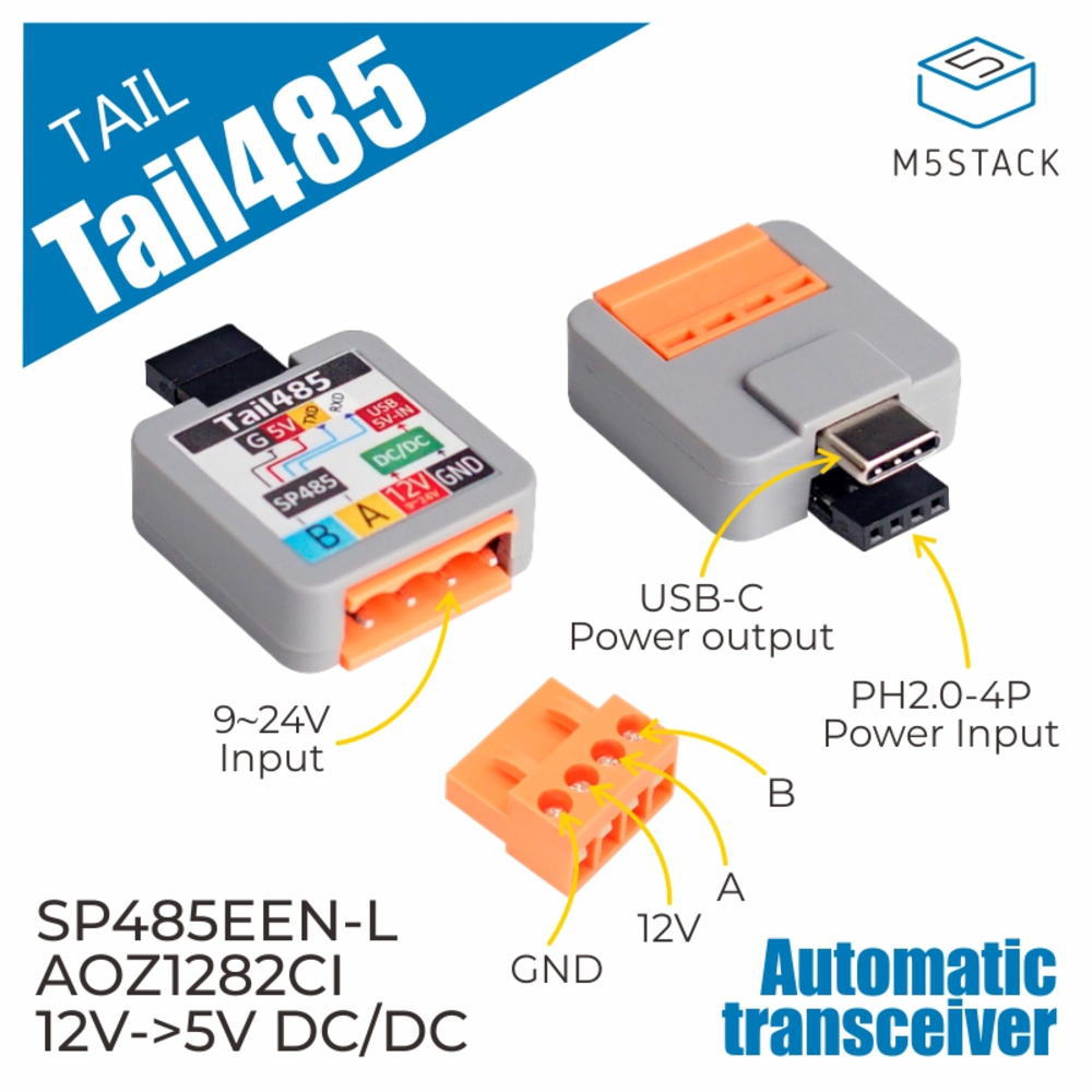 ATOM用のRS485コンバータシリアル通信システムで使用される通信規格のRS485信号をTTLに変換するモジュールです。電気的にノイズの多い環境で長距離通信を容易にし、マルチポイントシステムをサポートしています。RS485の12V電圧を直接5Vに変換してUSB Type-Cに電力を供給することができるので、別電源を用意する必要がありません。●仕様外部ポートVH-3.96 4P変換レベル12V⇒5Vライントランシーバ ICSP485EEN-LステップダウンICAOZ1282CI寸法30×24×9 mm重量5gケース素材プラスティック[エムファイブスタック マイコン IoT モジュール 電子工作 自由工作][エムファイブスタック マイコン IoT モジュール 電子工作 自由工作]