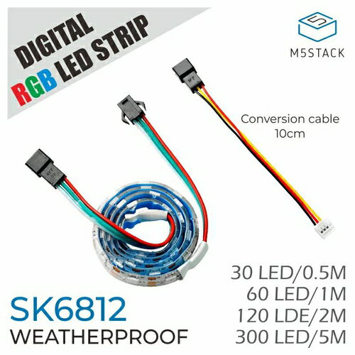 SK6812を使用したカラーLEDテープデジタルアドレス機能により、プログラミングでチップごとに色や明るさを調整できるカラーLEDテープです。IP65規格の透明シリカゲルで覆われているため、様々な環境で使用できます。搭載LEDチップは5050規格です。裏面の3M製の両面テープにより簡単に取り付けができます。【ご注意】・端子部分は防水仕様ではありません。・接続するLEDテープの数(LEDの数)が増えると電力消費も増えることにご注意ください。大量のLEDテープを使用する場合は、電源を追加してください。●仕様製品タイプRGB LED テープLEDタイプxdx-5050RGB-60-60ICモデルSK6812動作電圧5V電源±18W/メートル長さ50cm本体重量37gLED個数30個厚さ10mmRGB値256IC数30IC(LED間にIC)動作温度－40℃～＋80℃寿命3万時間LED色フルカラーRGBデータ転送レート800K/S防水防水エポキシIP65プログラミング方法 Arduino、UIFlow(Blockly、Python)拡張可能包装タイプ静電気防止バッグ、固定リール【パッケージ内容】・RGB LEDテープ ×1・HY2.0-4Pアダプタケーブル ×1【ピン配置】・赤：VCC・白：GND・緑：データ[エムファイブスタック マイコン IoT モジュール 電子工作 自由工作][エムファイブスタック マイコン IoT モジュール 電子工作 自由工作]