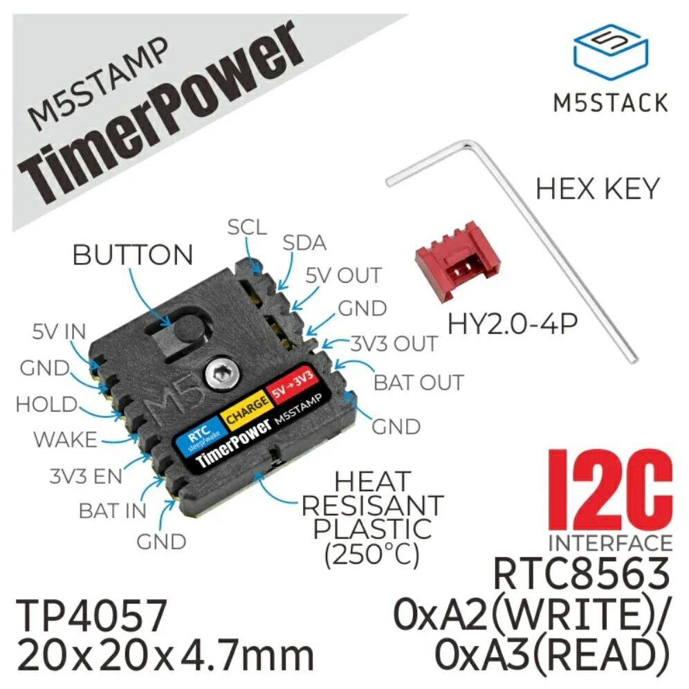 M5Stampシリーズ用の低消費電力タイマー/電源制御モジュールI2Cバス接続のリアルタイムクロック(RTC)ICのBM8563をSTAMPシリーズのパッケージに内蔵した低電力制御モジュールです。RTCはオーバーフロー時間を設定して、モジュールを起動して電力を供給することができます。1セルリチウムイオン電池用充電制御IC、3.3Vと5VそれぞれにDC/DCコンバータを備えています。本モジュールにより、手動ウェイクアップ、手動スリープ、RTCタイミングウェイクアップ、バッテリー充電、＋5Vブースト出力、3.3V電源出力などが可能になります。●特長・RTCはHY2.0-4Pコネクタでも利用可能・面実装、DIP(2.54mmピッチ)、空中配線で実装できる端面スルーホールランド・マニュアルまたはソフトウェアによるウェイクアップ/ハイバネーション・リチウムイオン電池の充電・3.7Vから5Vへの昇圧・3.3V出力●仕様外部電源入力5Vリチウムイオン電池充電制御部使用IC：TP4057対応電池：1セル 3.7Vリチウムイオン/LiPo電池RTC部RTC IC：BM8563I2Cアドレス：0x51(デフォルト)、0xA2(書込)、0xA3(読出)DC/DCコンバータ(5V用)使用IC：SY7088DC/DCコンバータ(3.3V用)使用IC：SY8089モジュール寸法20×20×5mmモジュール重量2.6g【セット内容】・M5Stampタイマー/電源制御モジュール・HY2.0-4Pコネクタ・六角レンチ[エムファイブスタック マイコン IoT モジュール 電子工作 自由工作][エムファイブスタック マイコン IoT モジュール 電子工作 自由工作]