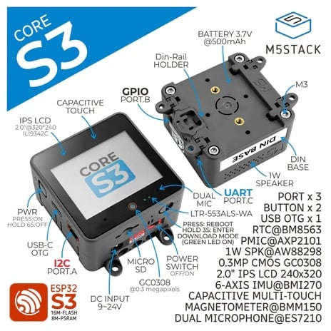 第3世代のCoreデバイスであるESP32S3を搭載したM5Stack開発キットです。M5Stack CoreS3にM5Stack DIN Baseをスタッキングした状態で出荷されます。M5Stack CoreS3が持つ多種多様な機能を利用できます。●特長・WiFi、16MBのフラッシュメモリ、8MBのPSRAM(疑似SRAM)を備えたESP32でのアプリケーション開発が出来ます。・タイプCコネクタ採用のUSBポート　−OTG(On-The-Go)及びCDC(Communications Device Class)をサポート　−外部USBデバイスの利用や本体ファームウェア書換が可能・前面に高強度ガラスで保護された2.0インチ静電容量式タッチパネル液晶と30万画素の内蔵カメラ、照度センサ(LTR-553A)を配置・microSDカード(TFカード)スロット・RTC(リアルタイムクロック)により時計機能やスリープ・ウェイクアップ機能が利用可能・AXP2101による電源管理　−押しボタンスイッチによる電源オン・オフ(電源スライドスイッチがオンになっている必要があります)　　〇電源オン:本体左の電源ボタンを押します　　〇シャットダウン:本体左の電源ボタンを長押し(6秒間)します・広範な電源電圧(9〜24V入力)・DINレールへ据付や壁掛けが可能なケース・Arduino、UIFlowでの開発をサポート●仕様SoC・周辺回路部ESP32S3搭載　〇デュアルコア Xtensa LX7(最高240MHz駆動)　〇2.4GHz WiFi(アンテナはケース内に内蔵)フラッシュメモリ:16MBPSRAM(疑似SRAM):8MBRTC(リアルタイムクロック):BM8563ディスプレイ部2.0インチIPS液晶(解像度:320×240)マルチタッチ対応静電容量式タッチパネル30万画素カメラ(CG0308)オーディオ入出力16ビットI2Sオーディオアンプ1×スピーカー(1 W)2×マイクロフォンセンサー6軸IMU(3軸加速度計＋3軸ジャイロスコープ)3軸地磁気センサー照度・近接センサ(LTR-553A)電源部パワーマネジメントIC(AXP2101)による制御　〇3.7V 500mAh内蔵バッテリー　〇USBによる給電:5V　〇DCジャック:9〜24Vパワースイッチインターフェース1×USB Type-Cポート:OTG・CDCサポート1×M5バス3×Groveポート(各1×I2C、GPIO、UART)1×microSDカード(TFカード)スロット2×プッシュスイッチケース外形寸法:54×54×31mmDINレールへのマウント、壁掛に対応【セット内容】・1×M5Stack Core S3本体・1×M5Stack DIN Base・1×六角レンチ・1×取付用ブラケット 一式[エムファイブスタック マイコン IoT モジュール 電子工作 自由工作 夏休み][エムファイブスタック マイコン IoT モジュール 電子工作 自由工作 夏休み]