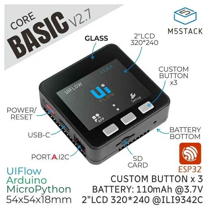 M5Stack M5Stack Basic V2.7【M5STACK-K001-V27】 エムファイブスタック マイコン IoT モジュール 電子工作 自由工作 夏休み