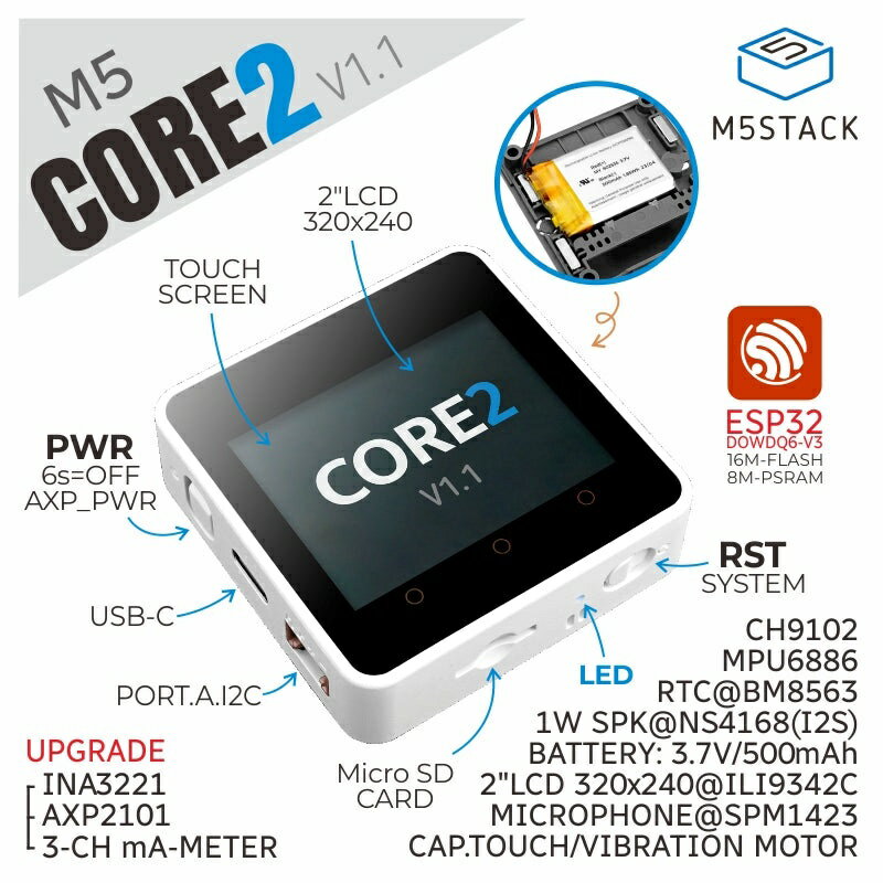 M5Stack M5Stack Core2 v1.1【M5STACK-K010-AWS】[エムファイブスタック M5 マイコン IoT モジュール 電子工作 自由工作 夏休み] 1