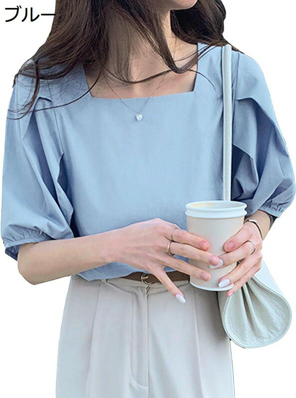 樂天商城 - スクエアネックブラウス 春 夏服 秋 韓国ファッション 10代 20代 30代 レディース オフィスカジュアル 半袖 トップス 五分袖 5分袖 清楚