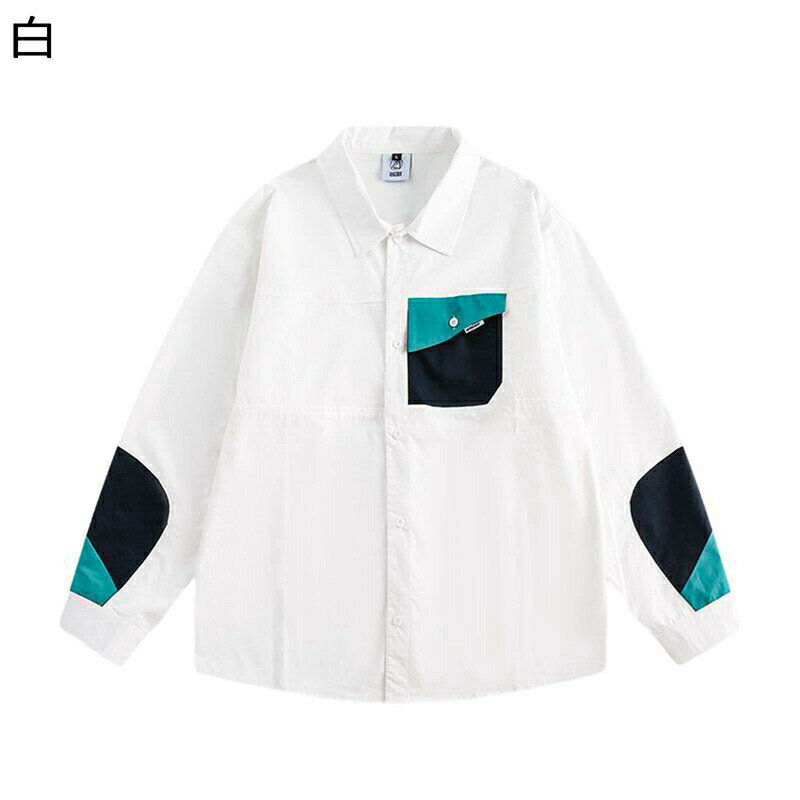 シャツ メンズ スプライス パッチワーク 切り替え コンビ アメカジ シャツジャケット 短め 長袖 折り襟 春夏秋冬服 アウター 軽い 男性..