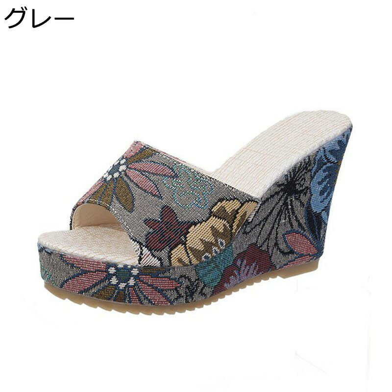 Other - サボ ミュールサンダル 刺繍 花柄 花 オープントウ 亜麻 レディース ハイヒール 10cm ウェッジヒール 厚底サンダル 身長アップ 外出スリッパ 足細 おしゃれ シンプル トレンド 耐摩耗 夏