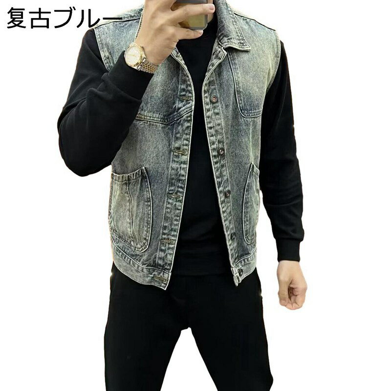Gジャン デニムベスト ウォッシュ加工 メンズ ゆったり バイクチョッキ 袖なし 体型カバー 前開き ワークウェア マウンテンベスト ダメージ加工 防風 ライダース バイカー ファッション 作業着 四季通用