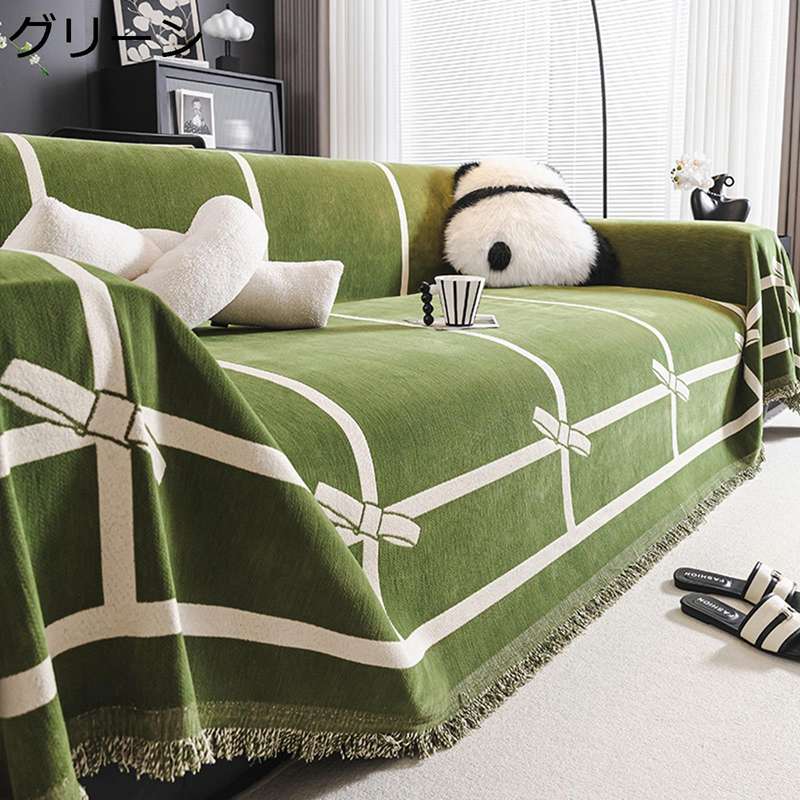 Sofa Covers - ソファカバー マルチカバー フリンジ付き 傷防止 犬猫対策 爪とぎ防止 チェック柄 蝶結び 3人掛け 2人掛け 肘掛つき ラグ カウチ カーペット かけるだけ 洗濯 単品 肌に優しい 新居