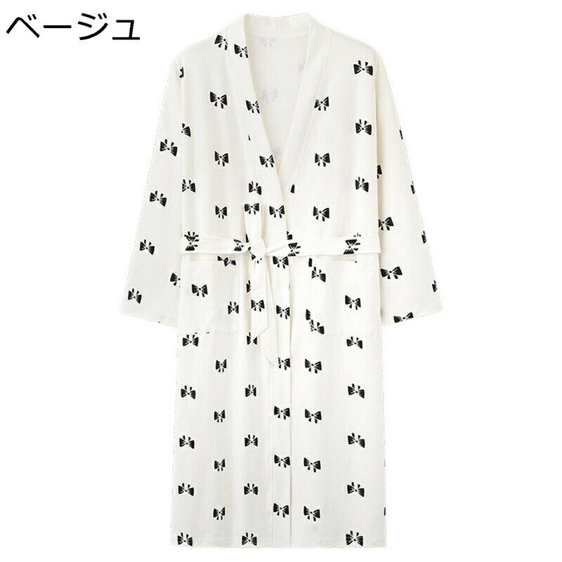樂天商城 - ガーゼ 寝巻 和式パジャマ ワンピース レディース 綿100 コットン リボン柄 腰ひも付き ボタン無し ルームウェア 寝巻き 部屋着 春 夏 秋 お風呂 温泉着 入院用 肌触りがいい 敏感肌 速乾 通気 ホワイト