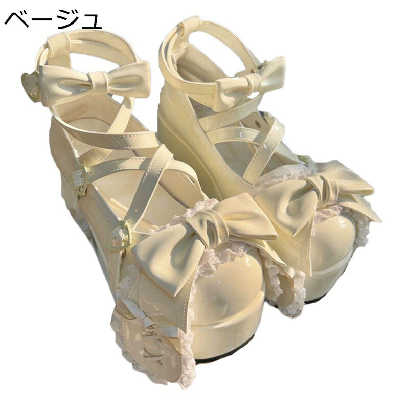 厚底靴 ゴスロリ 可愛い ロリータ 厚底パンプス レディース 蝶結び フリル リボン クロスストラップ サブカル ウサギの耳 パッチワーク..
