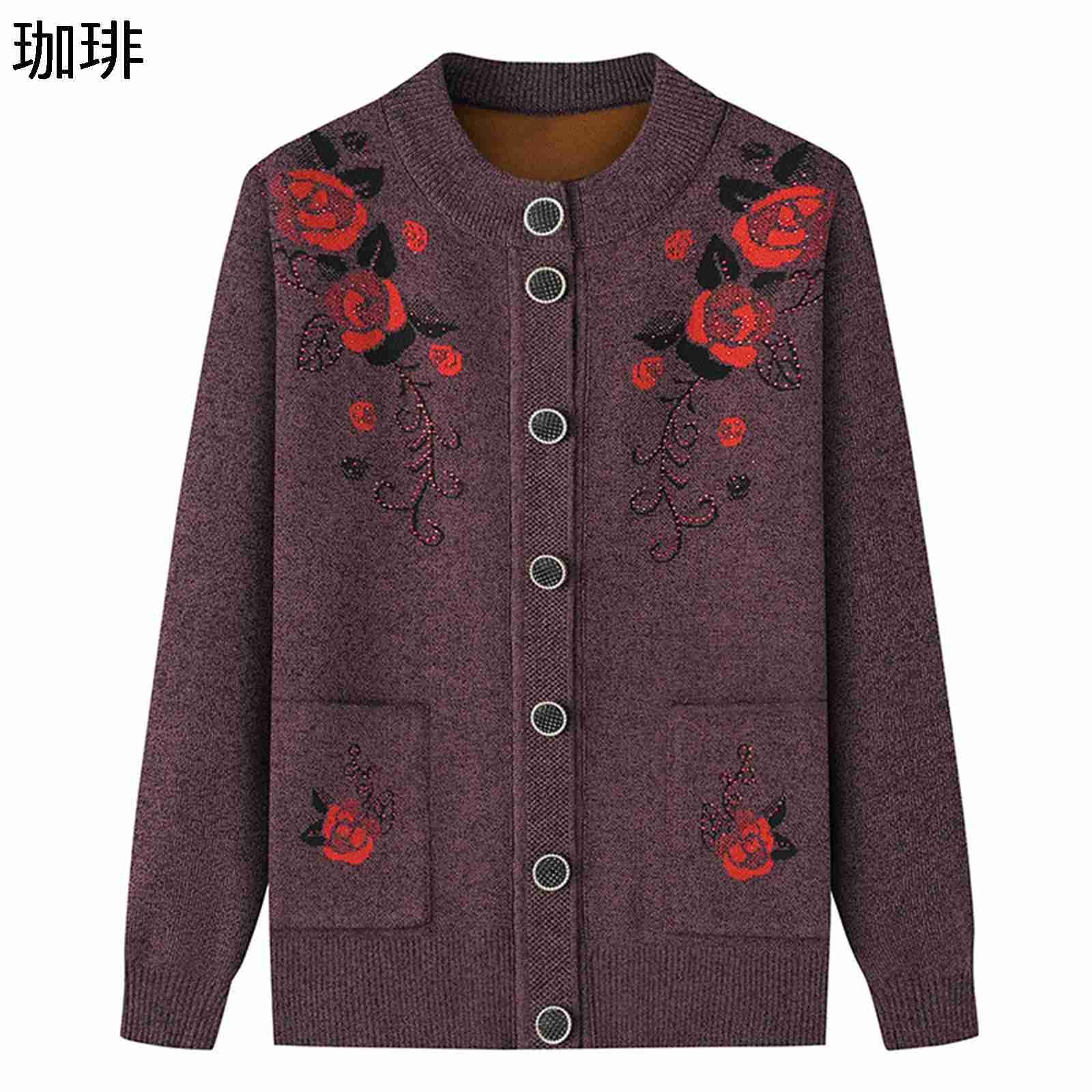 樂天商城 - ニットカーディガン ジャケット レディース 前開き セーター高齢者 お母さん 花柄 ポケット付き ハイネック カットソー コート 秋冬着 防寒 暖かい ゆったり ルーズ トップス カジュアル