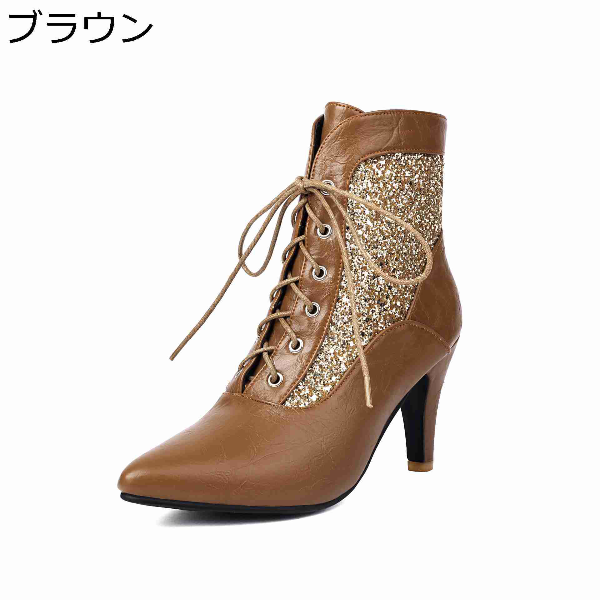 ショートブーツ レディース 袴用ブーツ 8.5cm チャンキーヒール きらきら 秋冬 編み上げ 大きいサイズ 足細 ジョッキーブーツ 細身 滑り止め おしゃれ ポインテッドトゥ 短靴 フォーマル オフィス 通勤