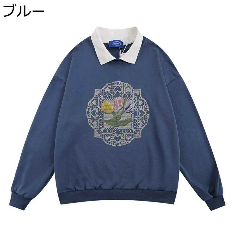 樂天商城 - 綿100% Tシャツ ポロシャツ 長袖 花柄 刺繍 カジュアル ファッション トレーナー スウェット 学院風 ゆったり おしゃれ レディース メンズ 服 春秋 体型カバー 上着 お出掛け 部屋着 パーティー