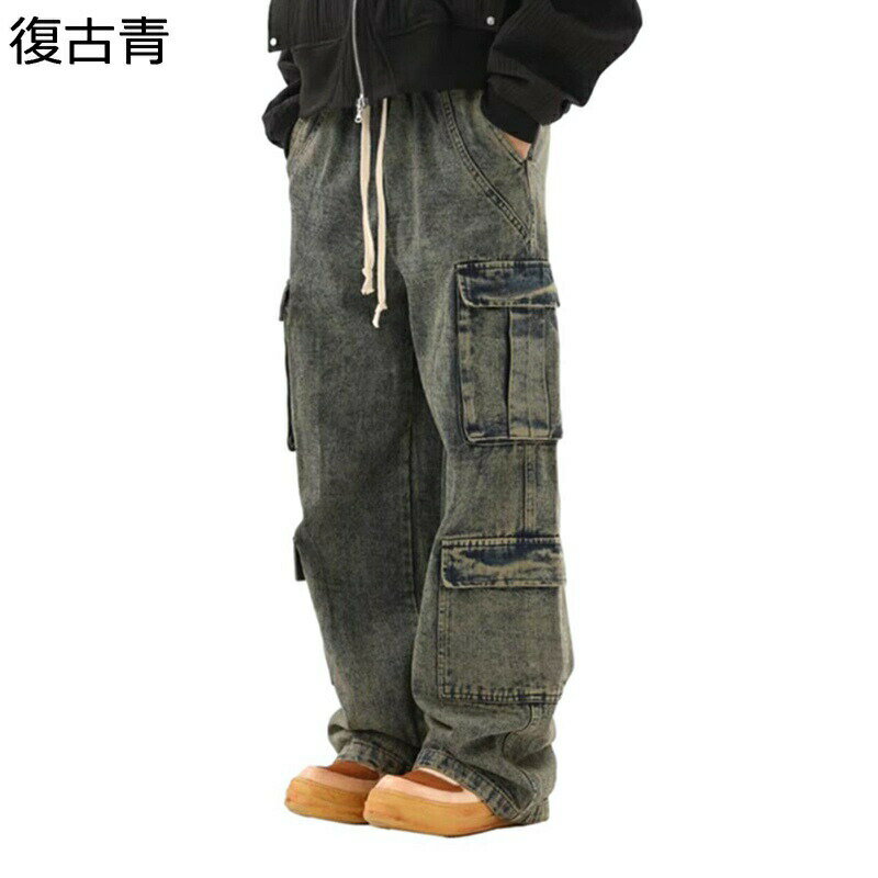 樂天商城 - デニムパンツ ジーンズ カーゴパンツ ワークパンツ メンズ ワイド ゆったり マルチポケット 春用 秋着 ファッション カジュアル ゆったり 体型カバー かっこいい ヒップポップ 作業 街着 B系