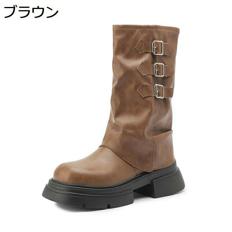 樂天商城 - バックル 厚底ブーツ レディース ミドルブーツ ウエスタンブーツ ハーフブーツ プラットフォーム ショットブーツ 美脚 カジュアル 身長UP パーティー ガーリー系 柔らかい 可愛い オールシーズン