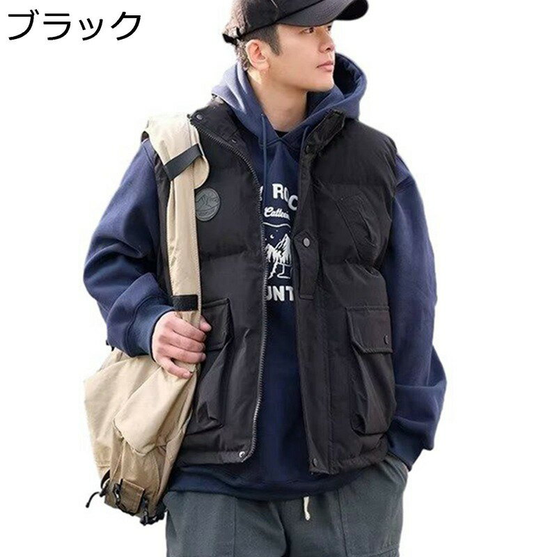 中綿ベスト メンズ カーゴベスト 秋冬 スタンドカラー 防寒対策 暖かベスト ゆったり トップス チョッキ 綿入りベスト 袖なし カジュアル かっこいい アウトドア 通勤 通学 登山 大きいサイズ