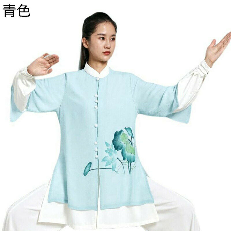 太極拳服 武術シャツ レディース メンズ 蓮華柄 プリント 手描き 長袖 唐装 柔らかい コンフォート 功夫服 ファッション 男女兼用 トップス 漢服 表演服 春夏秋 朝稽古 スポーツ 演出用