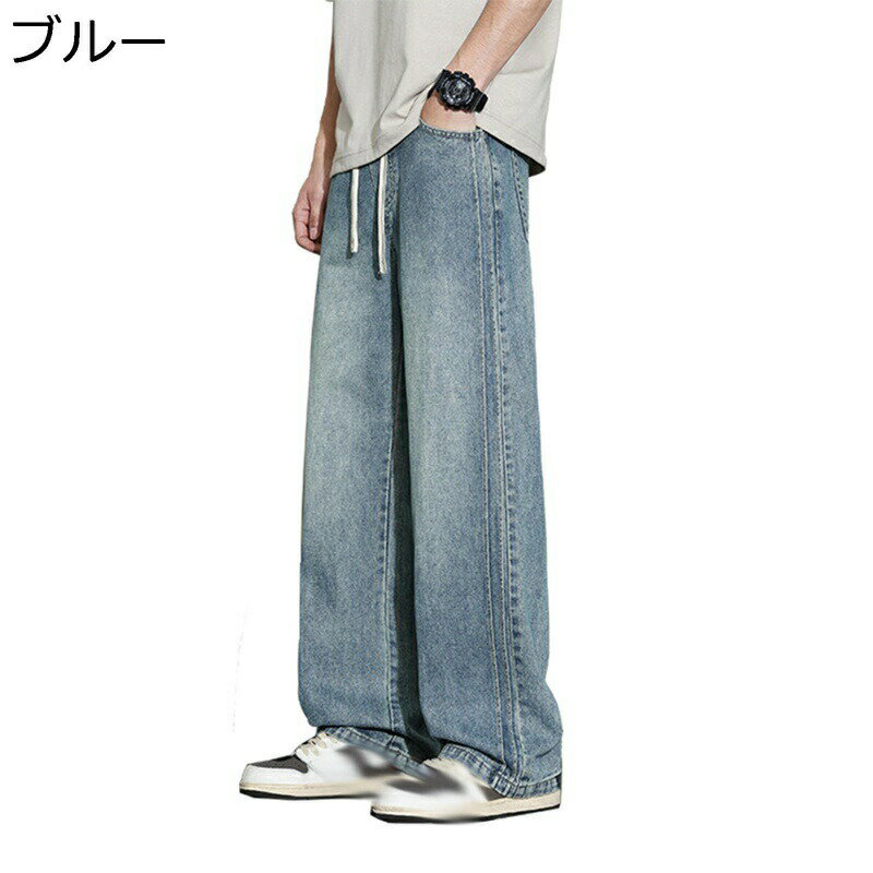 Pants - メンズ デニムパンツ 春夏 ワイドパンツ ルーズ ロングパンツ ゴムウェスト ストレートタイプ ダンス ヒップポップ ウォッシュ加工 ジーンズ gパン 四季使用 ファッション 薄い 耐摩耗 日常着