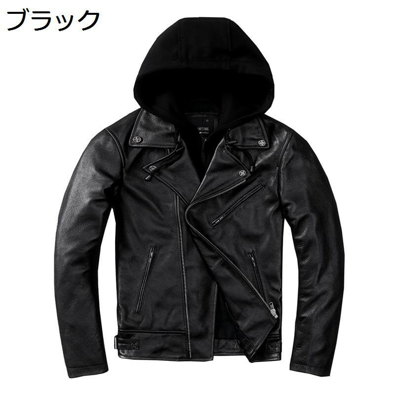 樂天商城 - メンズ レザージャケット 牛革 バイクジャケット 取り外せるフード 防風防寒 本革コート ブルゾン 秋冬 ジッパー 男性 アウター カジュアル サイクリング ワーク 日常