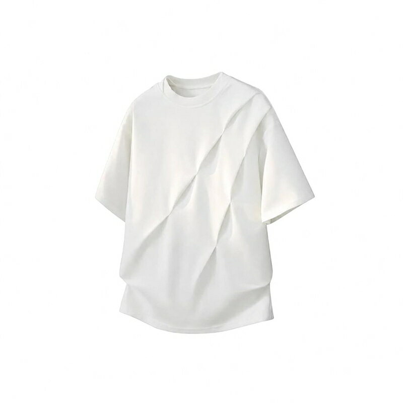 メンズ 半袖 Tシャツ プリーツデザイン クルーネック トップス ビッグシルエット 無地 カジュアル ストリート系 春夏 シンプル 重ね着風 ゆったり 体型カバー