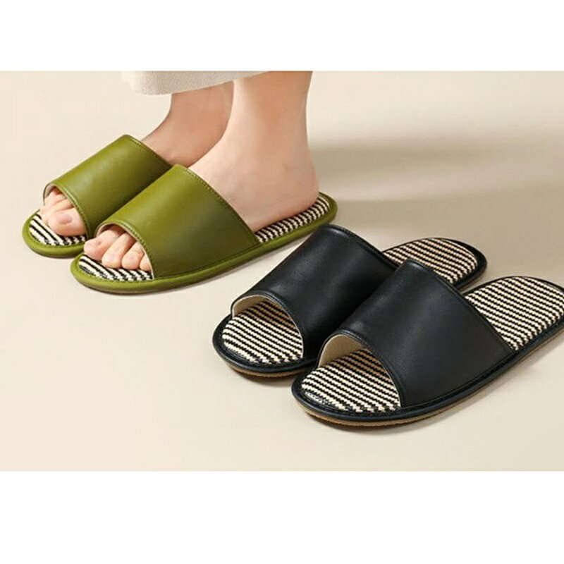 マルヤ物流サービスのレディース スリッパ 室内履き ルームシューズ 夏用 slippers メンズ リネンスリッパ PU革 防水 PUレザーサンダル 通気吸汗 柔らかい ぺたんこ シンプル 部屋用 無地 前開き サラサラ｜アングル3