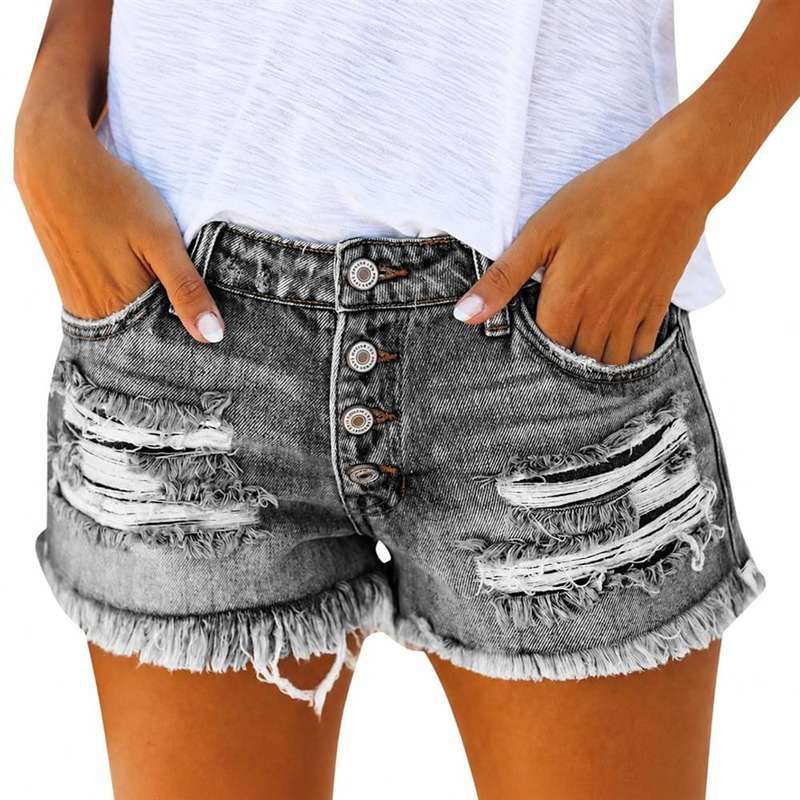 デニムショートパンツ レディース ダメージ ジーンズ ハイウエスト クラッシュ 美脚 脚長 フロントボタン カットオフ フリンジ 短パン