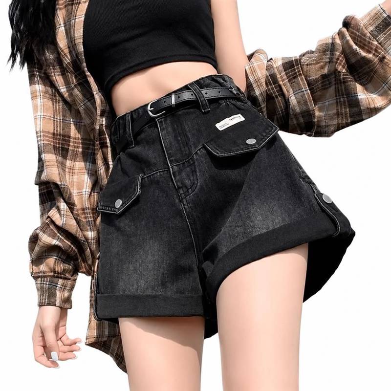 デニムショートパンツ レディース ハイウエスト 短パン Aライン ロールアップ ジーンズ フラップポケット ジーパン 脚長 体型カバー ゆったり ストリート カジュアル ボトムス 普段着 夏