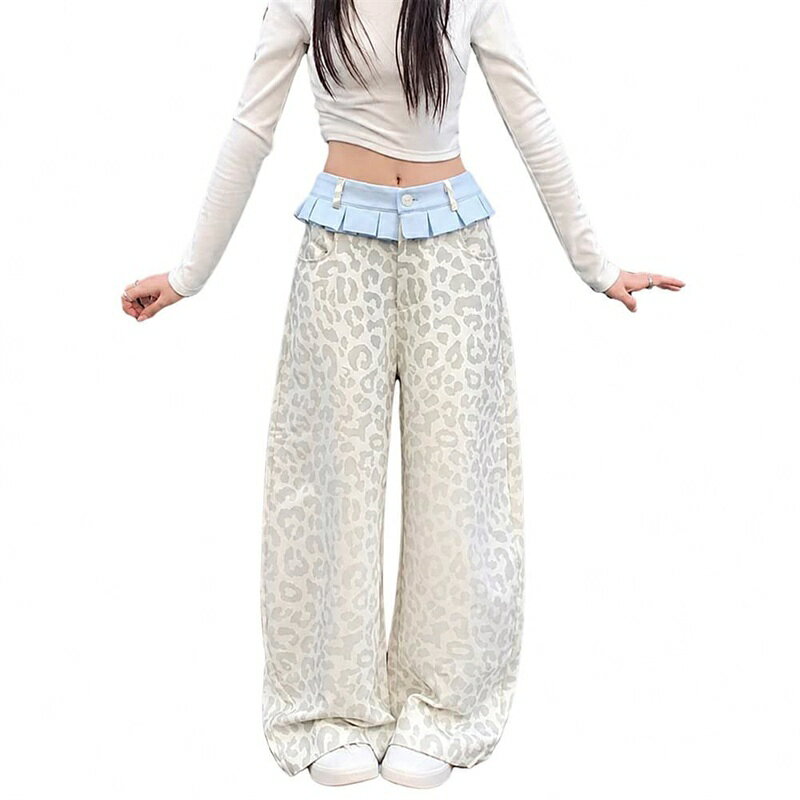 ワイドパンツ レディース デニム パンツ ジーパン 豹柄 ヒョウ柄 ハイウエスト ウエストフリル ストリート系 ボトムス ロング丈 脚長 体型カバー カジュアル ゆったり 春 夏